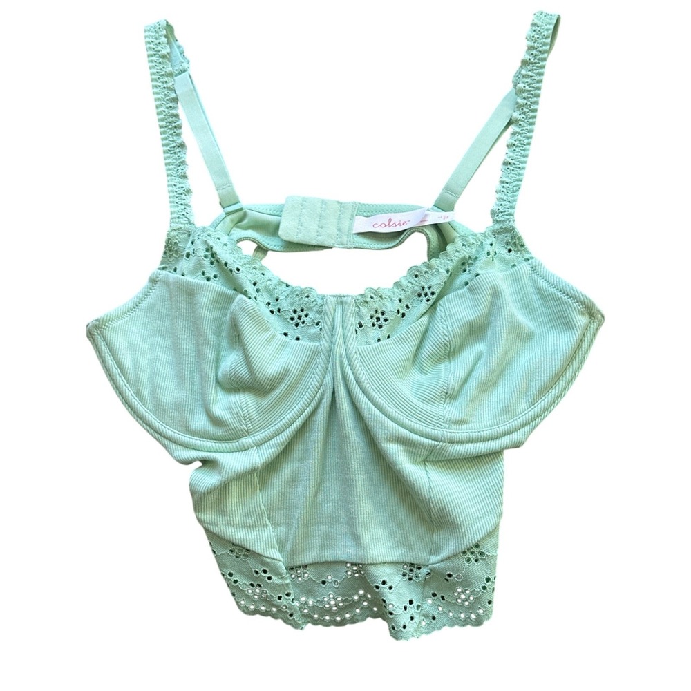 Colsie Mint Green Eyelet Lace Corset Bustier Crop Top Tie Back Large